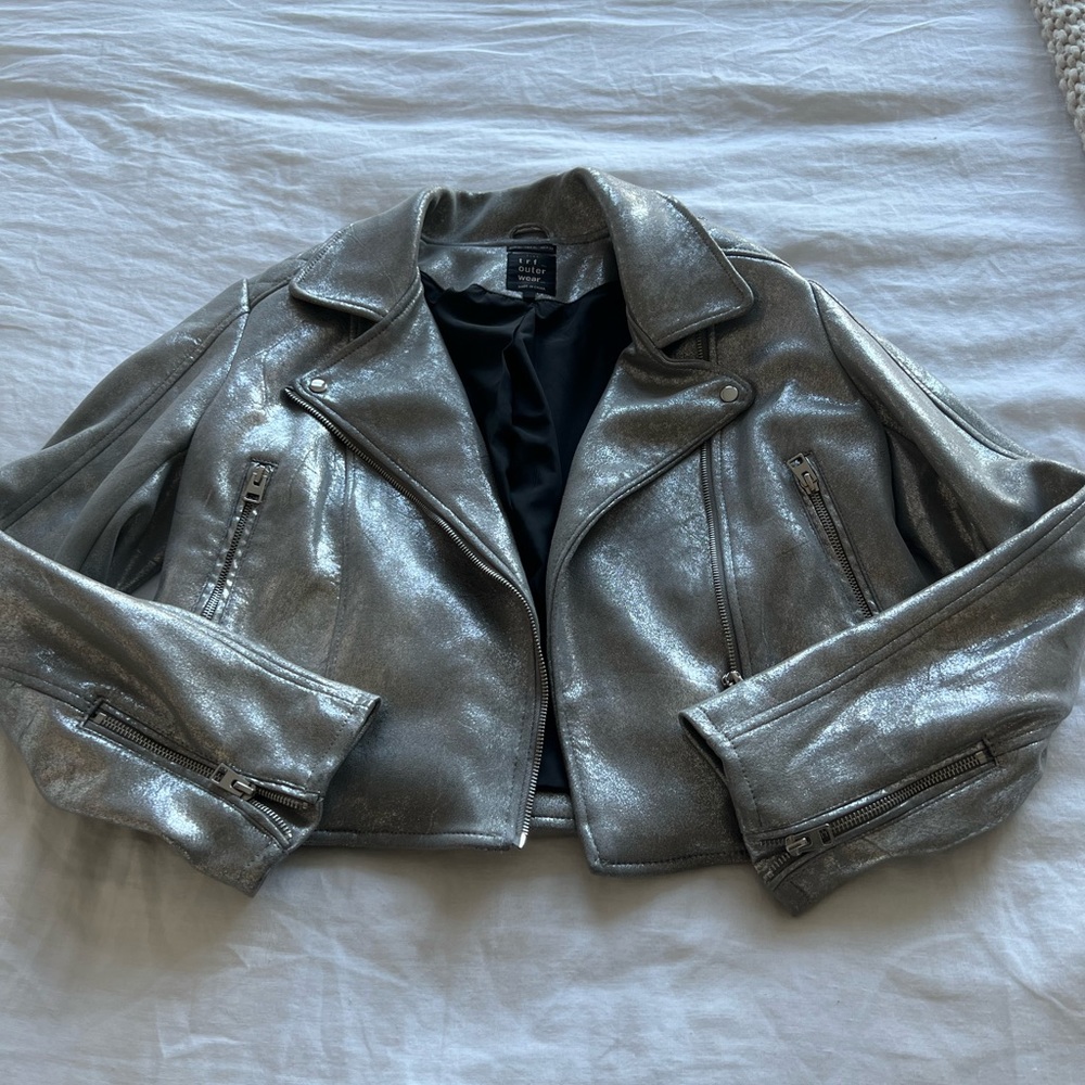ZARA Distressed Metallic Silver Motorcycle Jacket